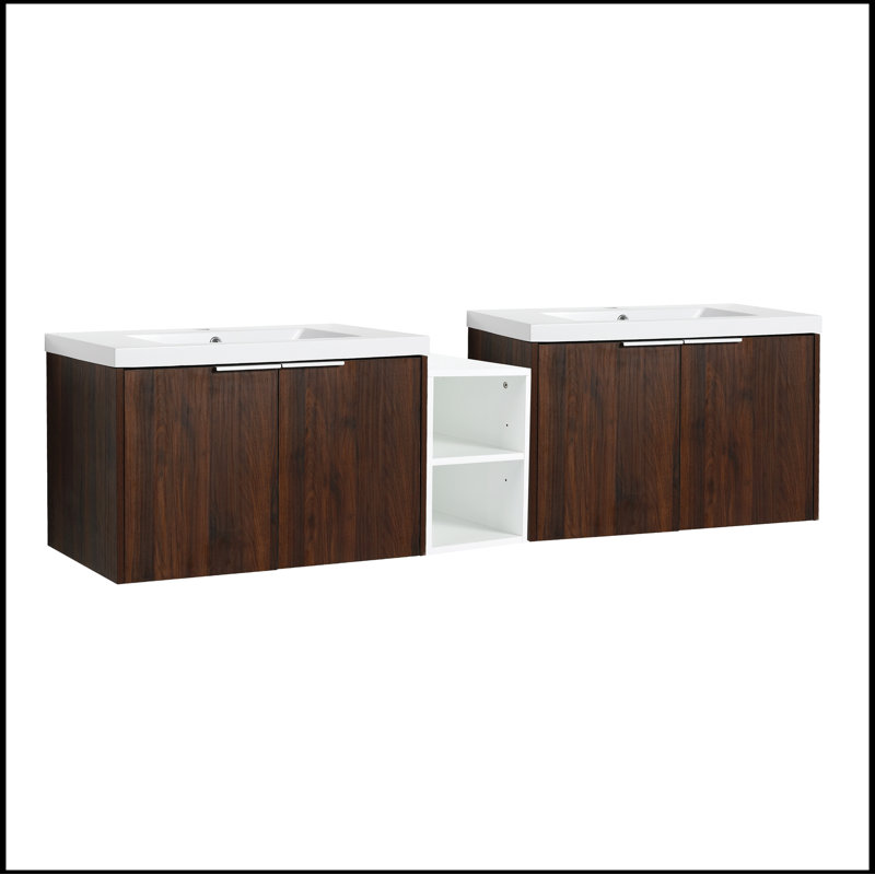 Meuble-lavabo 72 po à fermeture en douceur avec lavabo et petites tablettes de rangement, Noyer de Californie