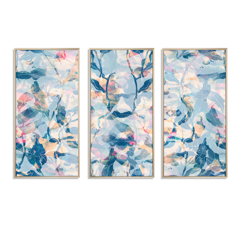 Rose et nuances de bleu - ensemble d'art mural sur toile traditionnel encadré de 3, H 20 po x l 36 po x P 1 po, Cadre brun