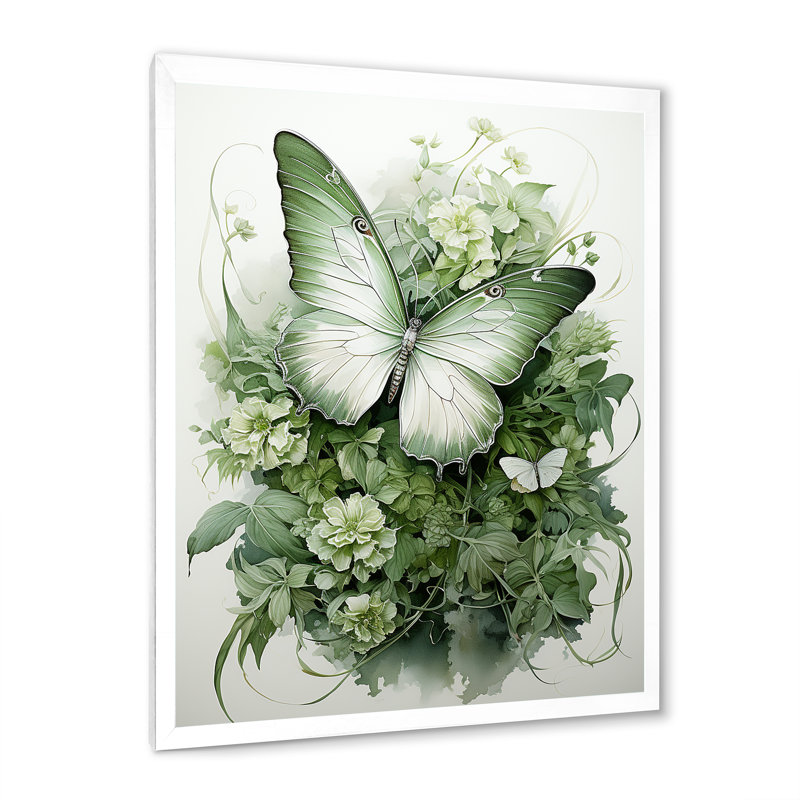 «Green Butterfly Whirling Beauty», art sur toile papillon, H 20 po x l 12 po x P 1 po, Cadre simple blanc