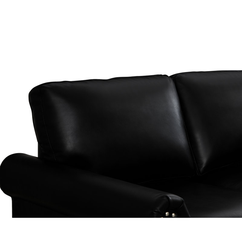 Canapé en similicuir noir, construction robuste, assise confortable, capacité de charge de 272 kg, montage facile, clous décoratifs, rangement intégré. Structure solide.