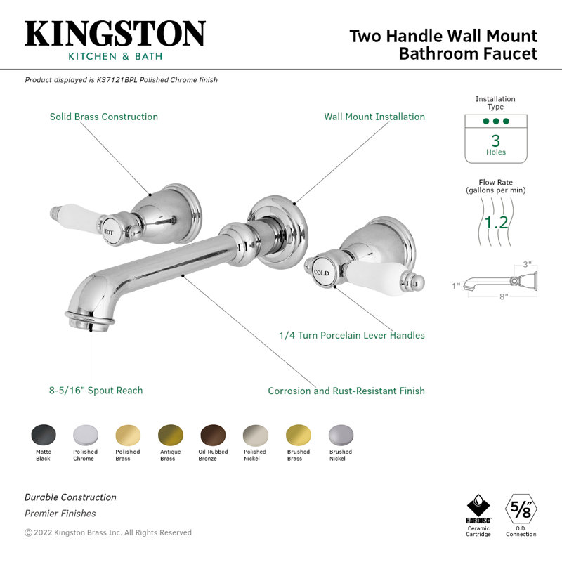 Kingston Brass Bel-Air Two-Handle 3-Hole Wall Mount Bathroom Faucet, Satin Brass