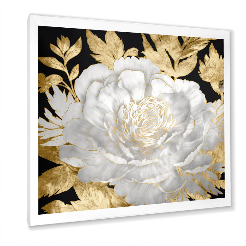 Exquise rose blanche floraison florale dorée, Cadre photo blanc, H 36 po x l 36 po x P 1,5 po