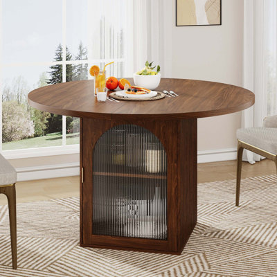 Table de salle à manger ronde peu encombrante avec armoire de rangement intégrée et portes en verre nervuré
