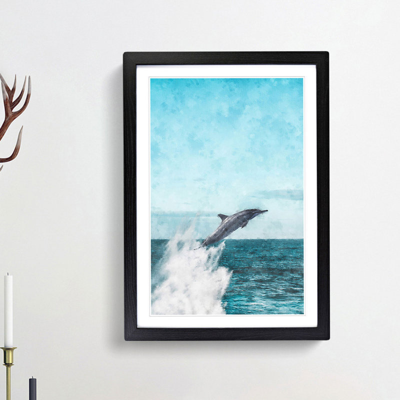 Jumping Dolphin - Single Picture Frame Painting on MDF, Black Framed, 33cm H x 24cm W x 2cm D