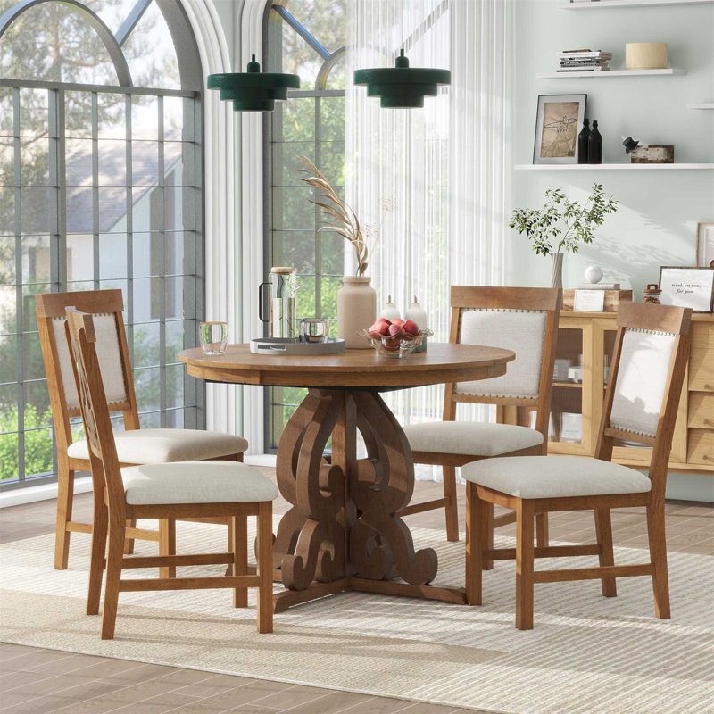 5-Piece Retro Functional Dining Set, 1 Extendable Table With A 16-Inch Leaf And 4 Upholstered Chairs For Dining Room And Kitchen