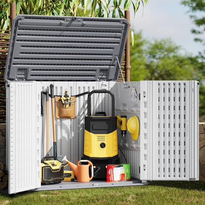 Armoire de rangement extérieure de 35 pieds cubes, boîte de rangement extérieure en résine imperméable, poubelle de rangement pour outils de patio, coussin de canapé, tondeuse à gazon et poubelles