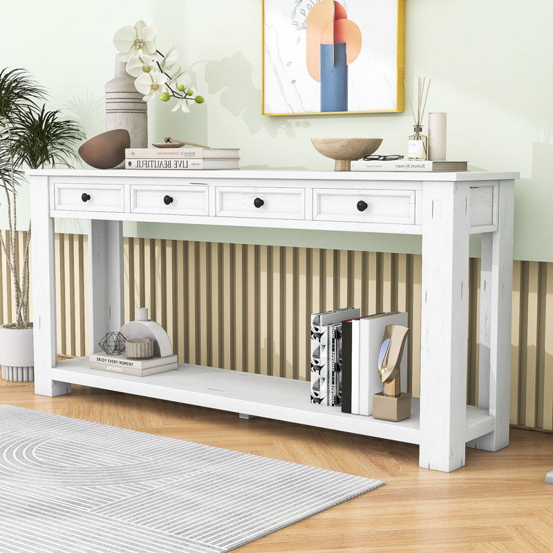 Console / canapé avec tiroirs de rangement et tablette inférieure pour le vestibule, Blanc antique