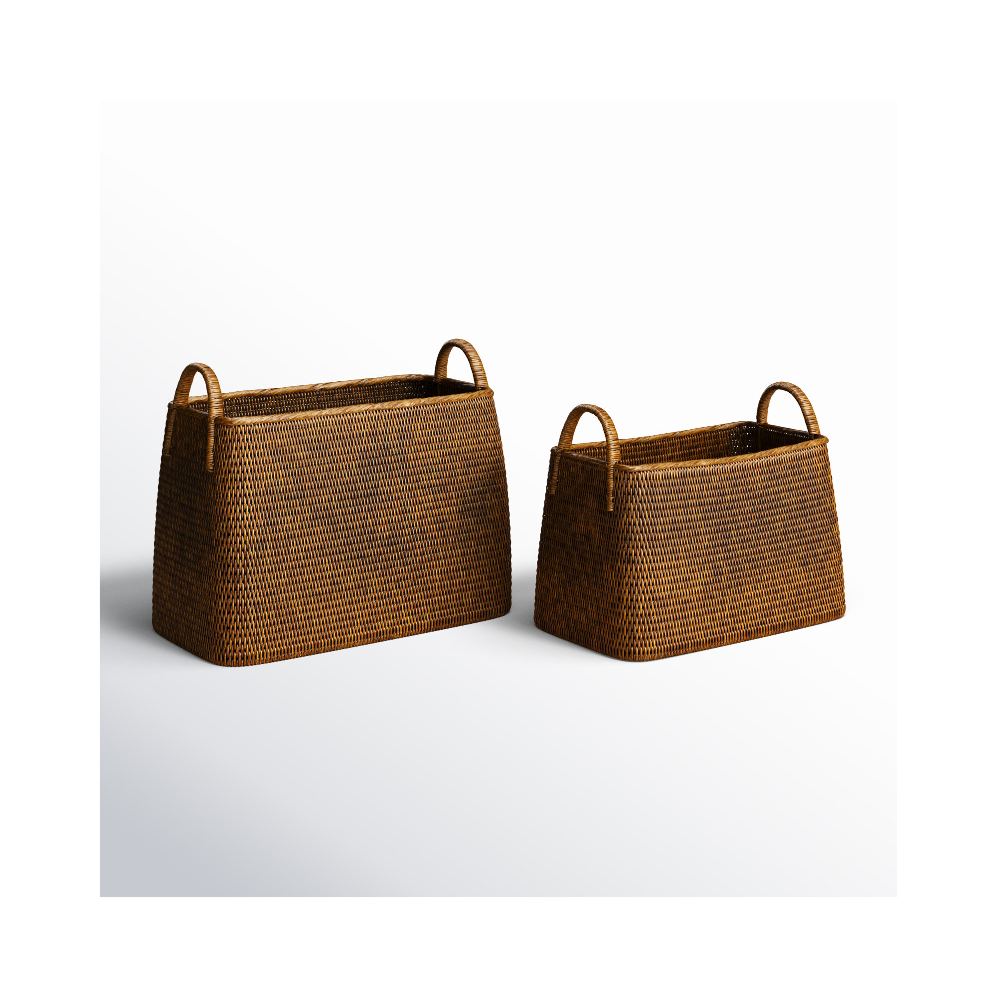 Rattan Woven Narrow Magazine Baskets in Warm Brown, Set of 2