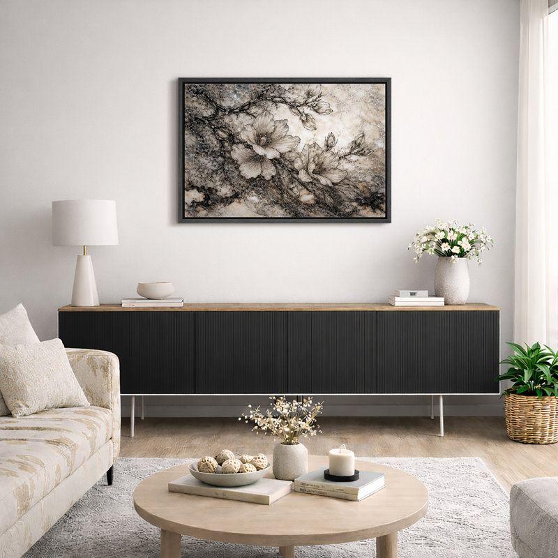 Encre florale, images de fleurs noires et blanches, impression sur toile encadrée, Cadre noir, H 16 po x l 24 po x P 1,5 po