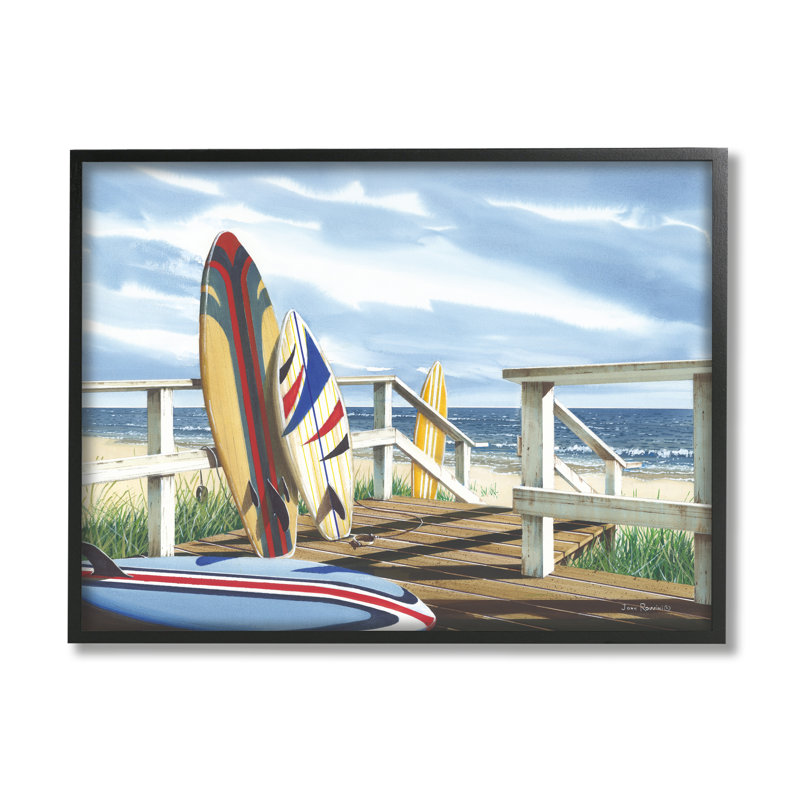 Planches de surf sur la terrasse de la plage par John Rossini, Giclée encadrée noir minuit, H 24 po x l 30 po x P 1,5 po