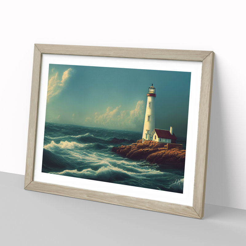 Revered Lighthouse Seascape - Single Picture Frame Painting, 25cm H x 34cm W x 2cm D, Oak Framed