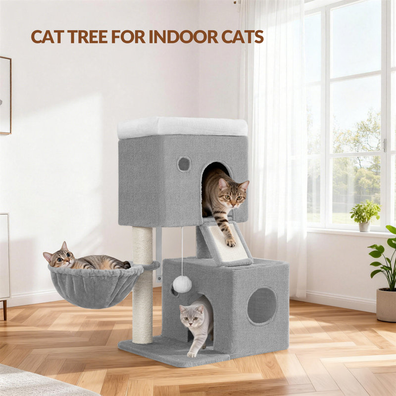 Cat Tree, 82 cm Cat Tower for Indoor Cats, Multi-Level Tree with Two Comfy Condos, a Soft Platform, Basket, Sisal Scratching Post, Scratching Board, Pompoms 