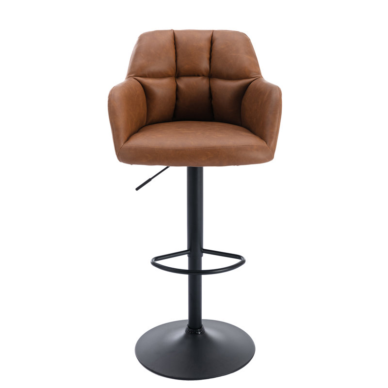 Adjustable Brown Leather Swivel Bar Stools with Metal Base