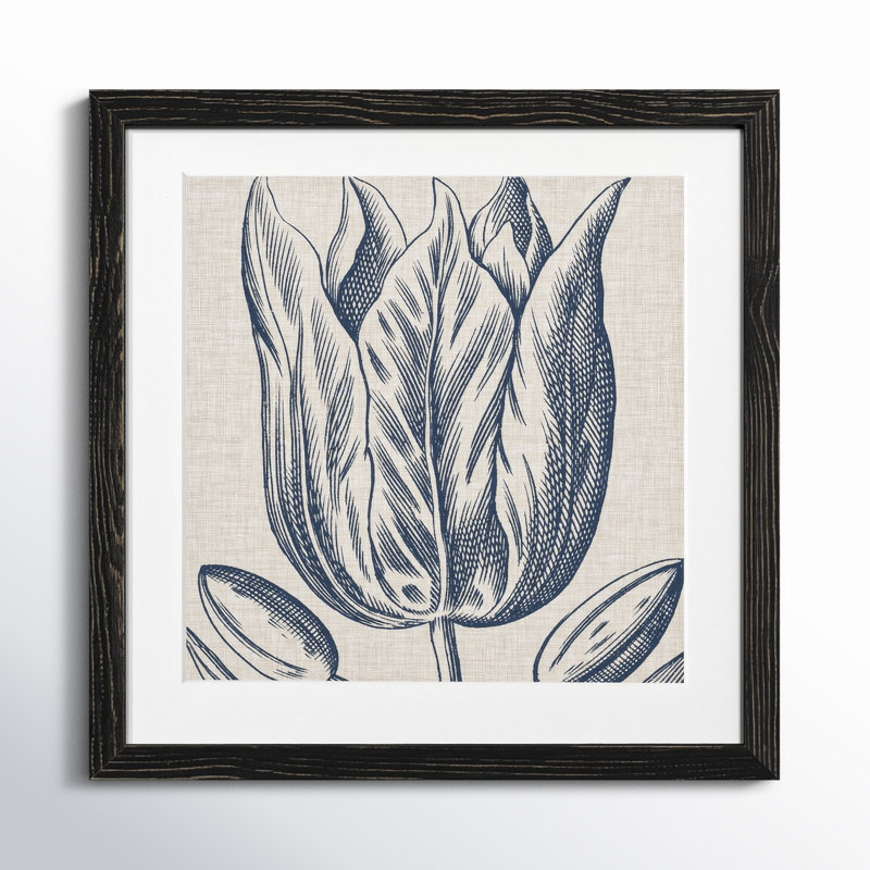 Indigo floral sur lin VI - reproduction encadrée de qualité supérieure - prêt à être accroché - impression encadrée sur papier