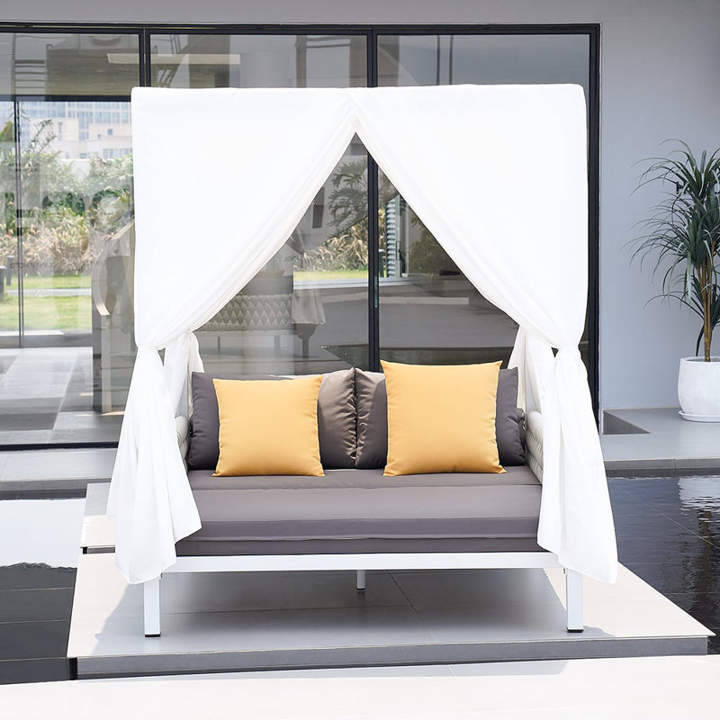 2-Person Outdoor Patio Daybed with Canopy Curtains Patio Sofa Set with Cushions, Outdoor Furniture
