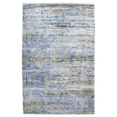 Tapis bleu nouvel âge tissé à la main de conception unique 3 pi x 5 pi Mamluk