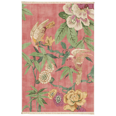 4' x 6' Machine Washable 100% Cotton Chinoiserie Blossom and Bird Area Rug