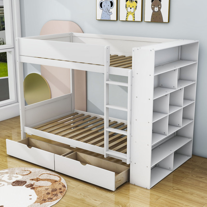 Jarif 2 Drawers Wood Bunk Bed with Cabinet and Slats, Twin over Twin, White