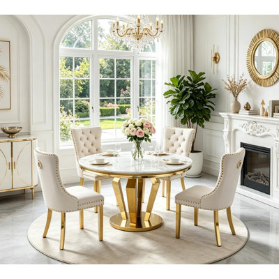 Ensemble de salle à manger ronde de luxe pour 4 personnes, table de cuisine 5 pièces en faux marbre et chaises rembourrées en velours, piètement en diamant doré