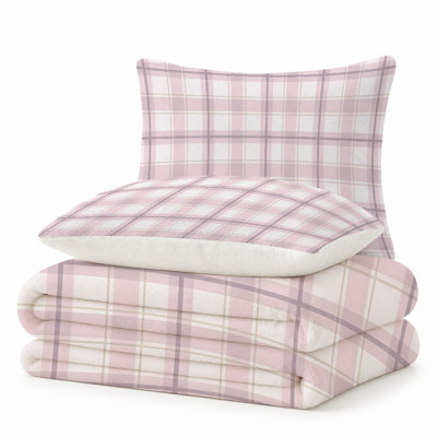 Premium Flannel Lightweight Blanket & 2 Pillow Shams Set with Pink & White Minimalist Checkered Grid, Ultra-Soft & Warm Cozy Bedding Set for All-Season, 60" x 80" Blanket + 2 Pillowcases Anti-Pilling & Machine Washable(Set of 3)