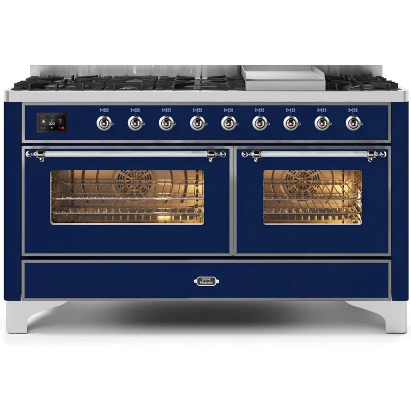 ILVE UM15FDNS3BGG Majestic II 60 inch Dual Fuel Range with 9 Burners, Griddle (Natural Gas, Triple Glass Door, Blue Grey, Brass)