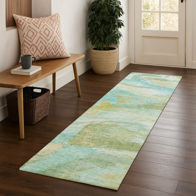 Premium Machine Washable Mayfield AMF2039 Abstract Rug, 2'3" x 7'6" Runner, Green