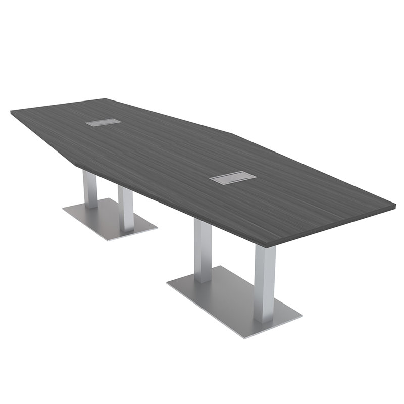 Table de conférence hexagonale avec alimentation et données, L 144 po x l 48 po, Nuit asiatique, Argent argent