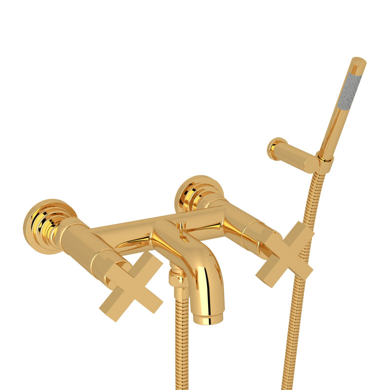 Lombardia Exposed Wall Mount Tub Filler, Cross Handle, Italian Brass