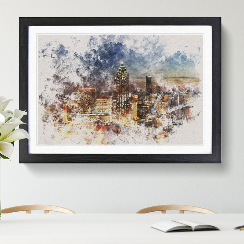Atlanta Georgia Skyline Watercolour - Picture Frame Graphic Art, 48cm H x 65cm W x 2cm D, Black