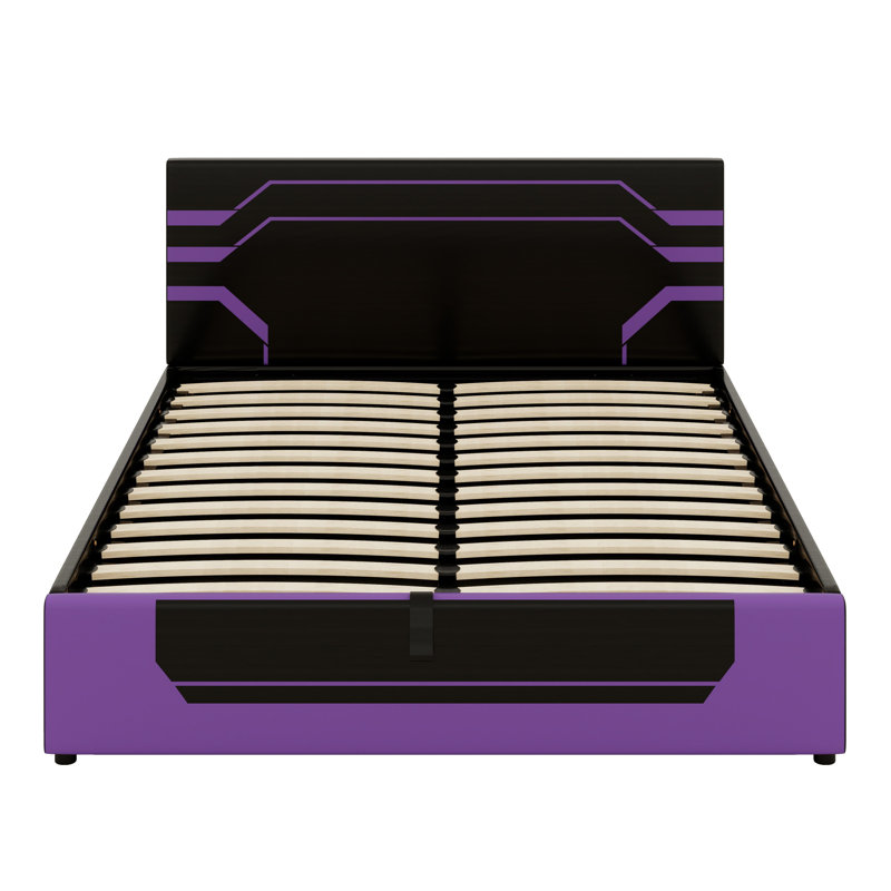 Base de lit à rangement hydraulique, lit plateforme Esports pour les joueurs et les jeunes de la génération Z, Noir et mauve