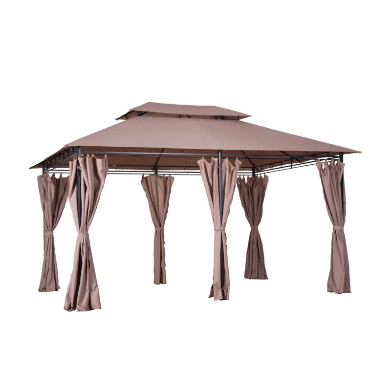 Rectangular Outdoor Gazebo with Canopy, Curtains, and Steel Frame, Khaki