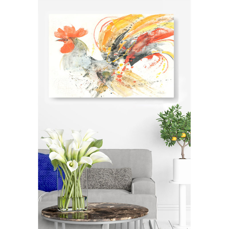Coq coloré, sur blanc, rouge, orange, jaune, campagne, ferme, animal, H 24 po x l 36 po x P 1,5 po