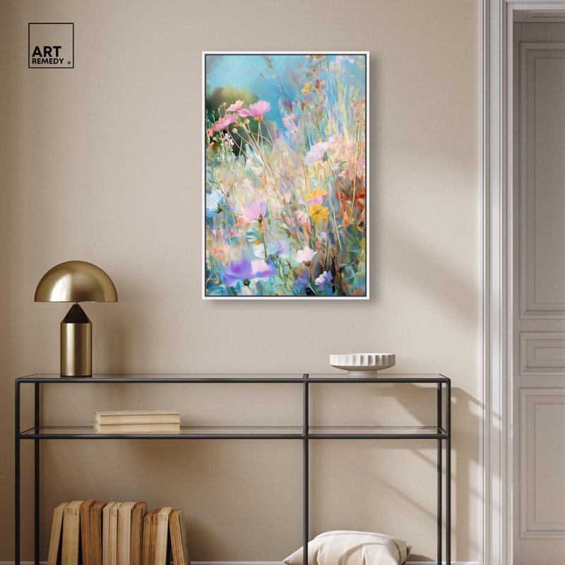 Toile Cosmos Cascade par Art Remedy, H 31 po x l 21 po, Cadre flottant, Argent argent