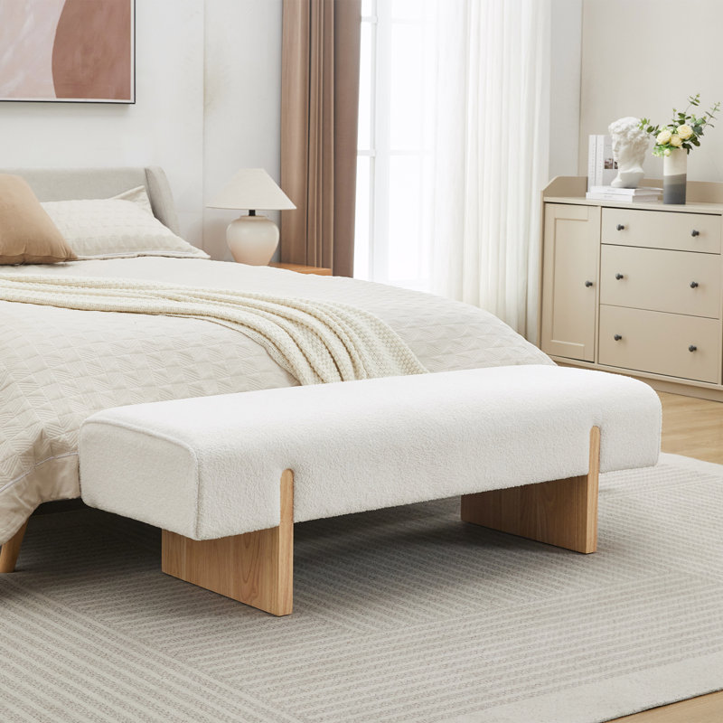 Chamille 55″ Mid-Century Modern Upholstered Bedroom Bench with Solid Wood Legs, Natural, White