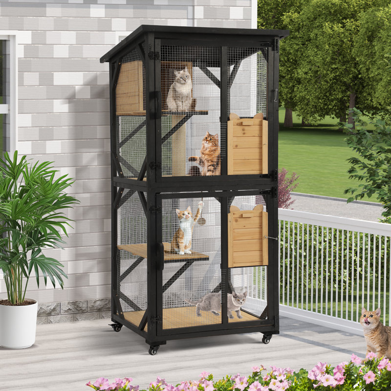 Black and Natural 4-Tier Outdoor Wooden Cat House with Wheels