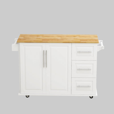 43" White Kitchen Island Cart with Fold-Out Solid Wood Top, 3 Drawers, 2-Door Cabinet, Spice & Towel Racks, Lockable Wheels