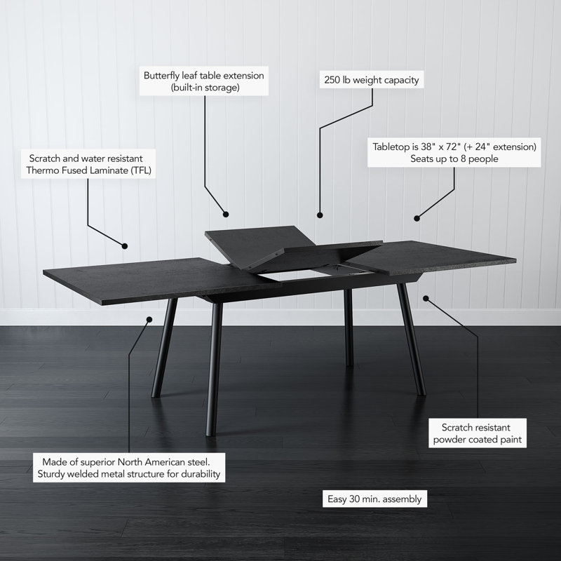 Natoya Extendable Dining Table with butterfly leaf, Basalt/Black