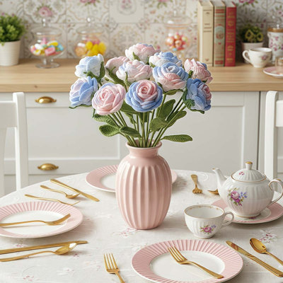 6 Pcs Crochet Rose Handmade Knitted Flowers Rose Artificial Knitted Floral Mother Day Valentine's Gifts Home Wedding Party Office Table Decor, Gradient Blue