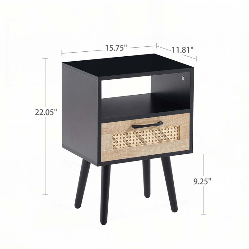 Rattan End table with drawer, Black