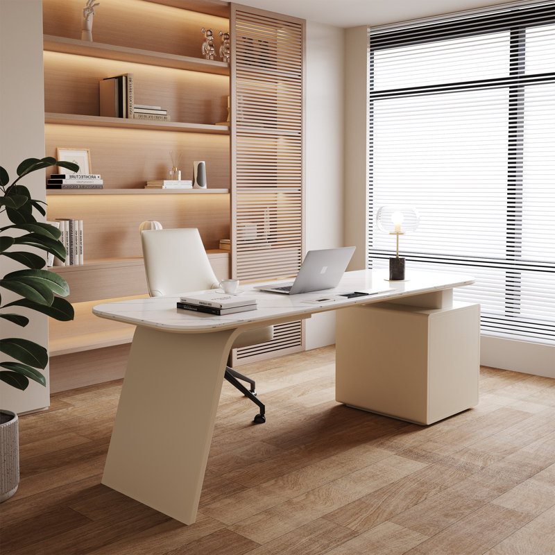 Luxury Marble Top Executive Desk With 3 Drawers And Multi-Outlet Hub For Efficient Home Office, 29.5" H x 63" W x 27.5" D