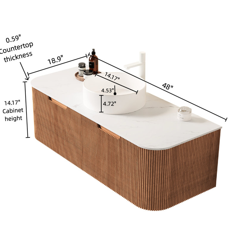Meuble-lavabo 48 po avec lavabo rond en céramique blanc, 2 tiroirs, grain de bois naturel, lavabo de comptoir, couleur grain