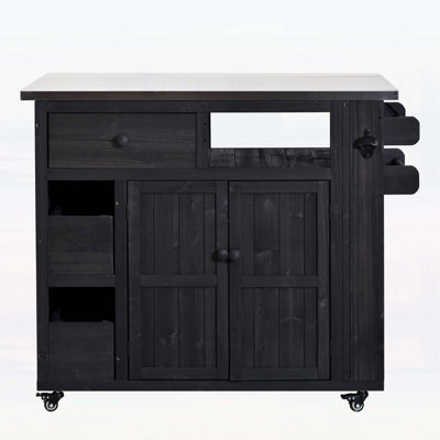 Wood Extendable Kitchen Island with Stainless Steel Top,Side Spice Rack and Storage for Backyard BBQ and Parties