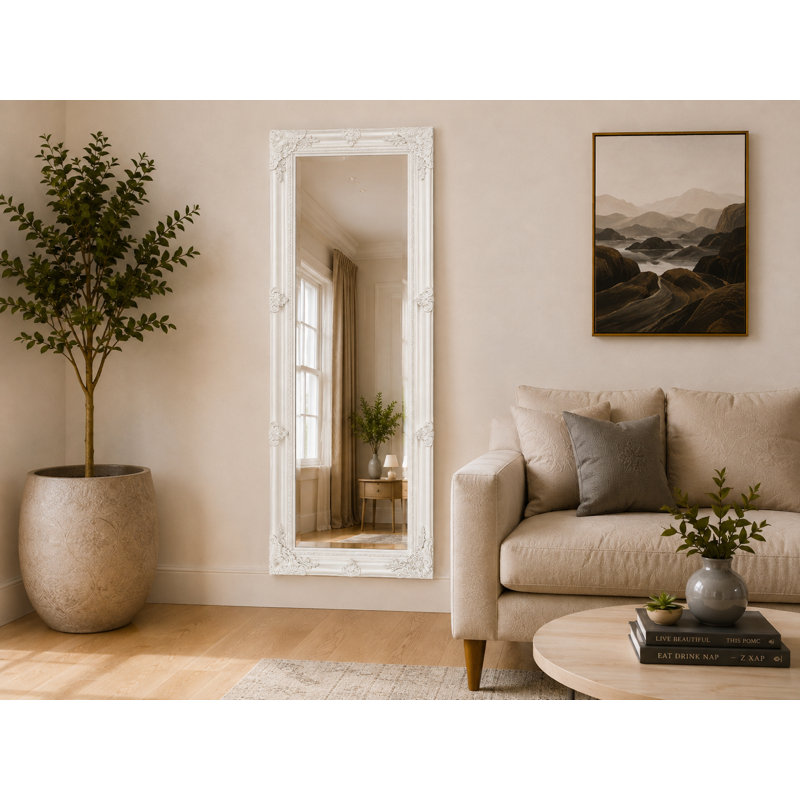 Sade Tall Solid Wood Framed Wall or Dressing Mirror, White