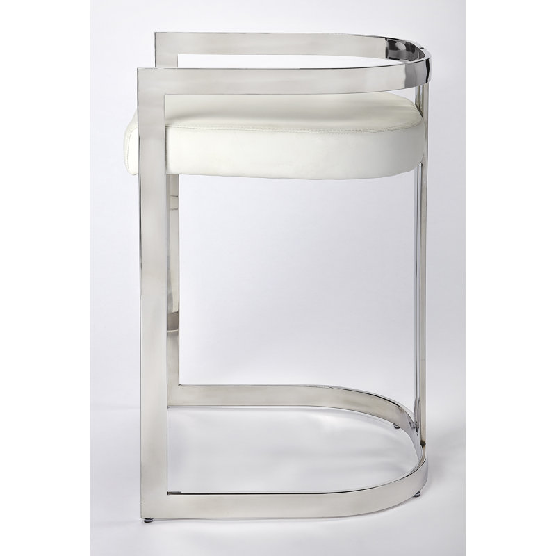 Butler Bravo Faux Leather Counter Stool, White, Silver, Counter Stool (24.5” Seat Height)