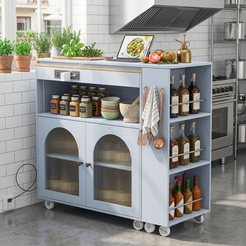 Kitchen Island On Wheels With Extendable Table, Led Lights, Power Outlets, 2 Fluted Glass Doors, Storage Compartment, 3 Open Shelves, Grey