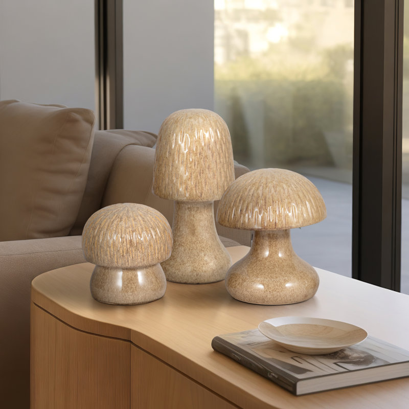 Ensemble d'accessoires de décoration en grès de style champignon en grès pour salon de chambre à coucher de 3 - 14 po, 11 po, 8 po - brun clair