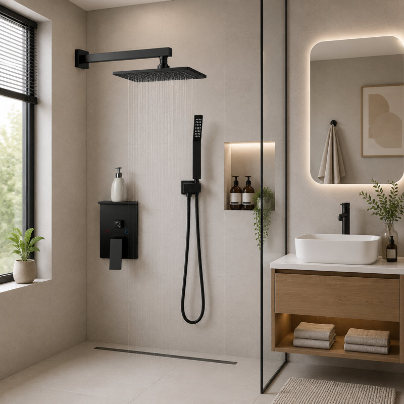 Ensemble de douche complet noir mat, pomme de douche à pluie haute pression carrée murale avec tablette de rangement