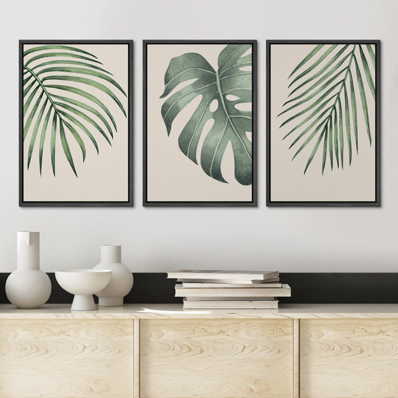 «Minimal Botanical Green Tropical Island Monstera Palm Tree Leaves», reproduction d'art sur toile 3 pièces, H 36 po x l 72 po