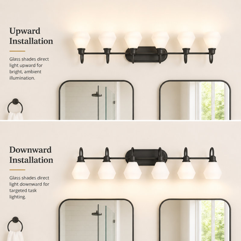 6-Light Dimmable Vanity Light with Geometric Frosted Glass Shades for Bathroom, Black