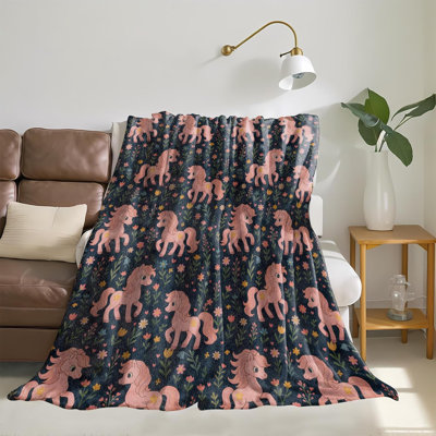 Unicorn Throw Blanket, Gifts for Adults, Cartoon Horse with Floral Theme Flannel Blankets for Travel Camping Sofa Living Room Decor, Fuzzy Warm Soft for Adults 60x50 in
